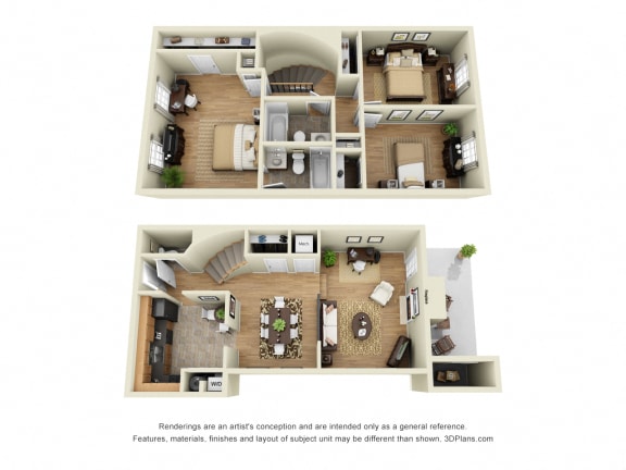 La Colombe 3D. 3 bedroom townhome. Kitchen, living, and dinning rooms. 2 full bathrooms + powder room. Patio/balcony.