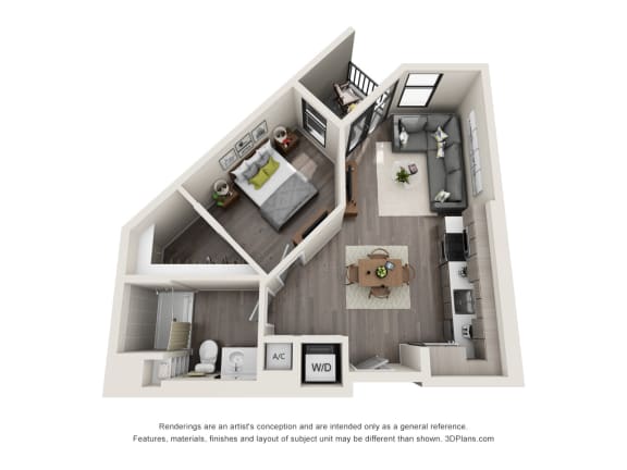 A1 One Bedroom Floor Plan at Topaz Apartments, Los Angeles, CA, 90013