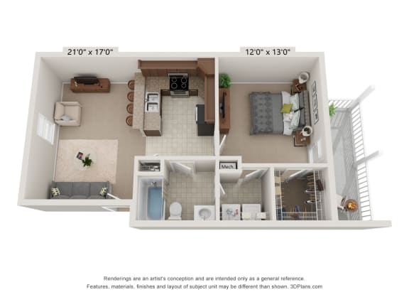Floor Plan  Artists 3D rendering of the 1 bedroom, 1 bathroom 2nd level unit layout..