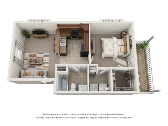Floor Plan  Artists 3D rendering of the 1 bedroom, 1 bathroom 2nd level unit layout..