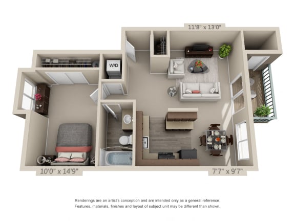 1 Bedroom 1 Bath Floor Plan at Oak Hill Apartments, Portland, OR, 97229