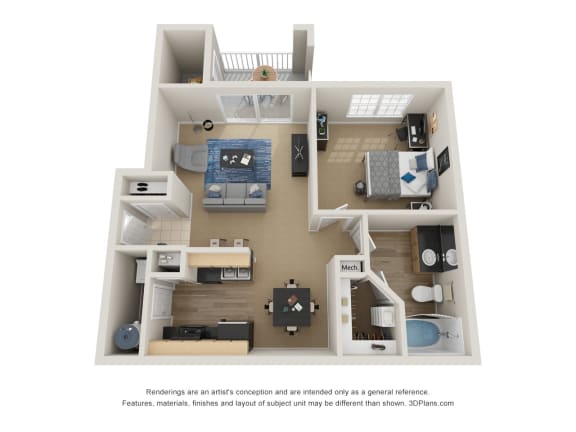 Floor Plan  Preserve at Mobbly Bay, A1R layout, 776 square foot one bedroom one bathroom