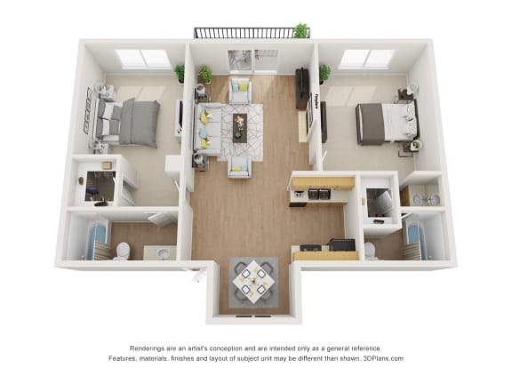 Two Bedroom 2 bath 920 Sq.Ft. Stunning 3D Floor Plan Layout at Pacific Trails Luxury Apartment Homes, California