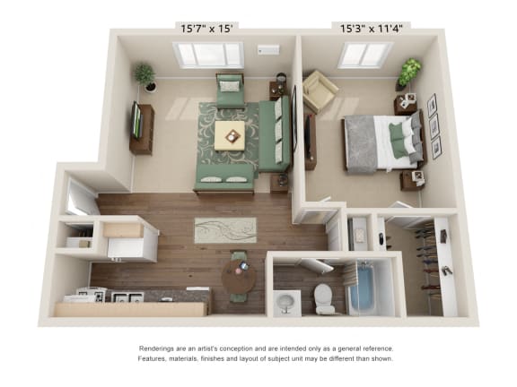 a 1 bedroom floor plan with a bathroom and a living room at St Charles Square Apartments, Carol Stream, IL, 60188