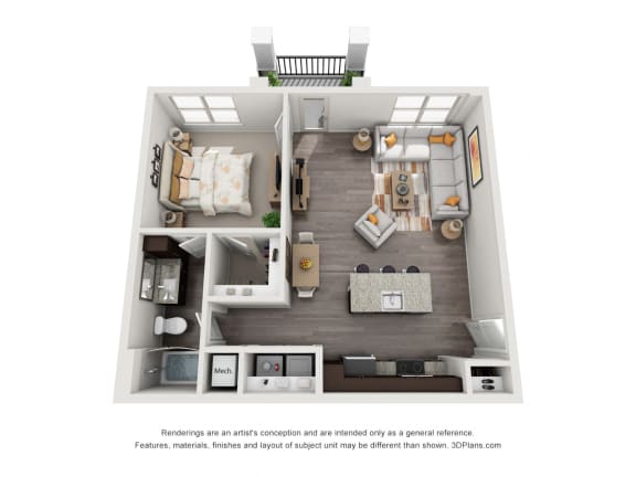 The Truth 3D. 1 bedroom apartment. Kitchen with island open to living room. 1 full bathroom. Walk-in closet. Patio/balcony.