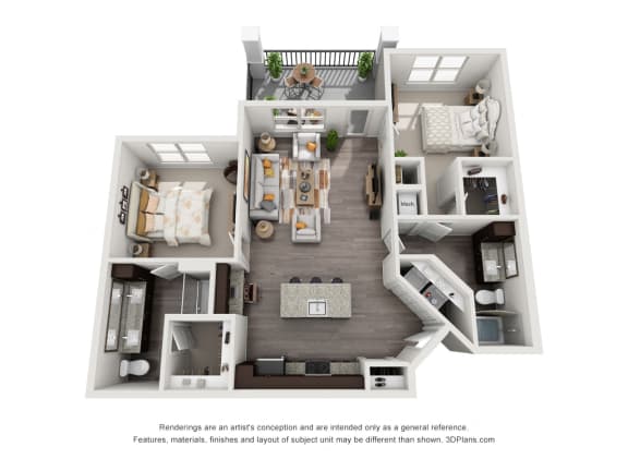 The Freedman 3D. 2 bedroom apartment. Kitchen with island open to living room. 2 full bathrooms, double vanity in master. Walk-in closet. Patio/balcony.