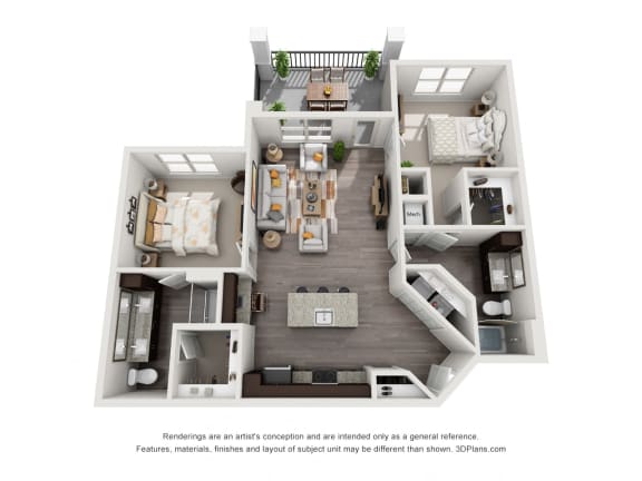 The Stillwater 3D. 2 bedroom apartment. Kitchen with island open to living room. 2 full bathrooms, double vanity in master. Walk-in closet. Patio/balcony.