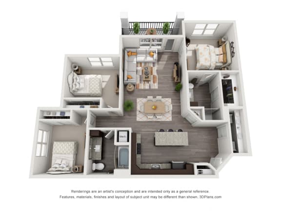 The Pecan Lodge. 3 bedroom apartment. Kitchen with island open to living/dinning rooms. 2 full bathrooms. Walk-in closet in master. Patio/balcony.