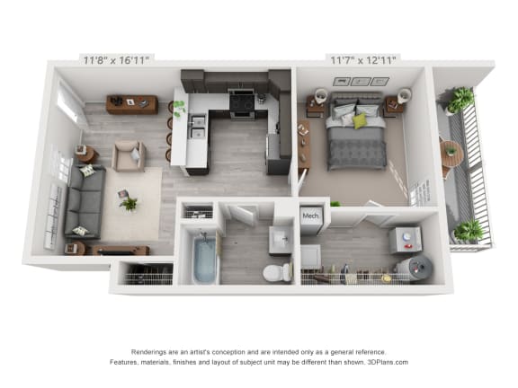 Floor Plan  Artists 3D rendering of the 1 bedroom, 1 bathroom main level unit layout.