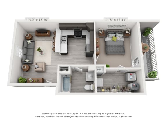 Artists 3D rendering of the 1 bedroom, 1 bathroom 2nd level unit layout.