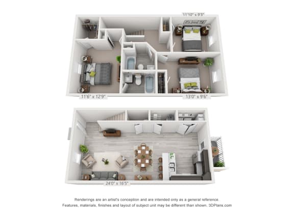 Artists 3D rendering of the 3 bedroom, 2 and a half bathroom unit layout.