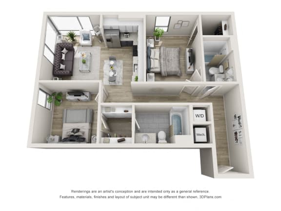 2 bedroom 2 bathroom Richmond luxury apartment floor plan  at The Locks Tower, Richmond, Virginia