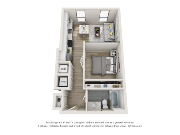 1 bedroom 1 bathroom floor plan of studio apartment  at The Locks Tower, Richmond, Virginia