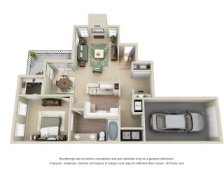 Applebrook + Attached Garage. 1 bedroom apartment. Kitchen with island open to living & dinning rooms.  Study area. 1 full bathroom, double vanity. Walk-in closet. Patio/balcony. Optional fireplace.