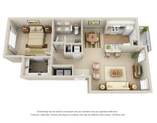 Brier Leaf 3D 1 bedroom apartment. Kitchen with bartop open to living & dinning rooms. 1 full bathroom, double vanity. Walk-in closet. Patio/balcony. Optional fireplace.