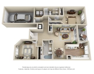 Hamilton with Attached Garage 3D. 2 bedroom apartment. Kitchen with eating area. 2 full bathrooms, shower stall in master. Two closets in master. Patio/balcony.