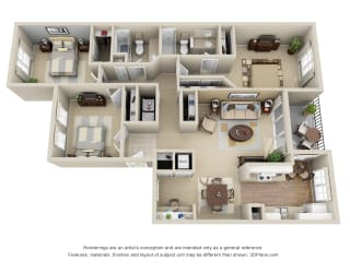 Timber Crest. 3 bedroom apartment. Kitchen with eating space. Study area. 2 full bathrooms, shower stall in master. Two closets in master. Patio.