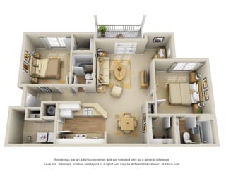 Palmetto 3D. 2 bedroom apartment. Kitchen with bartop open to living & dinning rooms. Computer nook. 2 full bathrooms. Walk-in closets. Patio/balcony. Optional Fireplace.