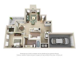 Applebrook + Attached Garage. 1 bedroom apartment. Kitchen with island open to living & dinning rooms.  Study area. 1 full bathroom, double vanity. Walk-in closet. Patio/balcony. Optional fireplace.