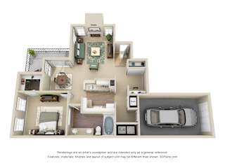 Applebrook + Attached Garage + Fenced-in Yard. 1 bedroom. Kitchen with island open to living & dinning.  Study area. 1 full bathroom, double vanity. Walk-in closet. Patio with yard. Optional fireplace