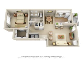 Brier Leaf 3D 1 bedroom apartment. Kitchen with bartop open to living & dinning rooms. 1 full bathroom, double vanity. Walk-in closet. Patio/balcony. Optional fireplace.