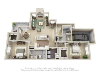 Berkely + Attached Garage 3D. 2 bedroom apartment. 1st floor entry. Kitchen with island open to living/dinning. Study area. 2 full bathrooms, shower stall in master. Walk-in closets. Patio/balcony.