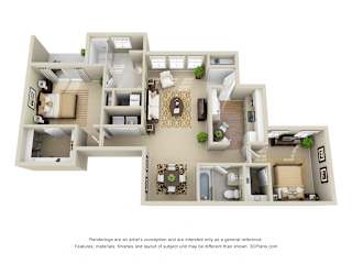 Glenwood 3D. 2 bedroom apartment. Kitchen closed off. 2 full bathrooms, double vanity in master. Walk-in closets in both bedrooms. Patio/balcony open to yard.