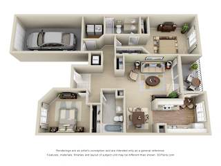 Hamilton with Attached Garage 3D. 2 bedroom apartment. Kitchen with eating area. 2 full bathrooms, shower stall in master. Two closets in master. Patio/balcony.