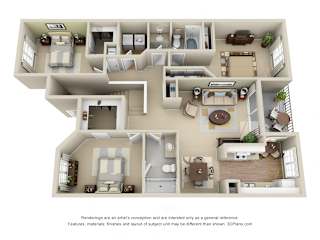 Royal Crest 3D. 3 bedroom apartment. Kitchen with eating space. 2 full bathrooms, shower stall in master. Walk-in closets. Patio.