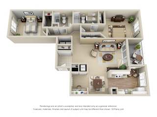 Suntree 3D. 2 bedroom apartment. Kitchen with eating area. Study area. 2 full bathrooms, shower stall in master. Two closets in master. Patio/balcony.