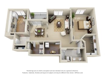 Stonebrook 3D. 1 bedroom apartment. Kitchen closed off. 1 full bathroom with double vanity. Extra storage room. Walk-in closet in bedroom. Patio/balcony.