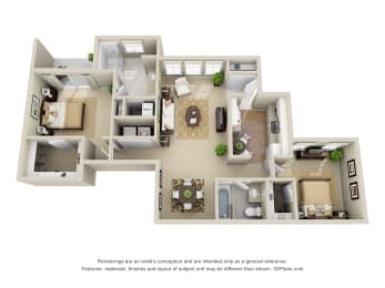 Glenwood 3D. 2 bedroom apartment. Kitchen closed off. 2 full bathrooms, double vanity in master. Walk-in closets in both bedrooms. Patio/balcony open to yard.