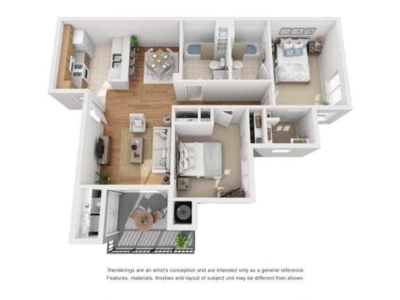 Two Bed Two Bath A 3D Floor Plan at Siena Apartments, California