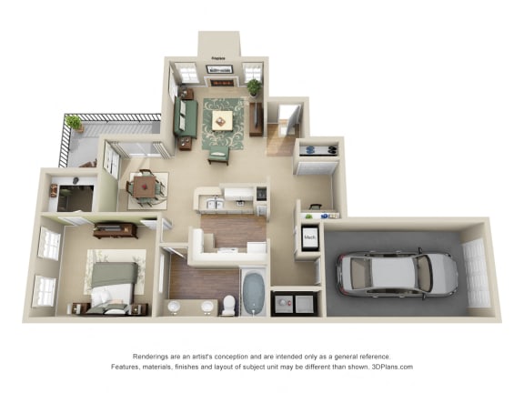 Applebrook + Attached Garage. 1 bedroom apartment. Kitchen with island open to living & dinning rooms.  Study area. 1 full bathroom, double vanity. Walk-in closet. Patio/balcony. Optional fireplace.