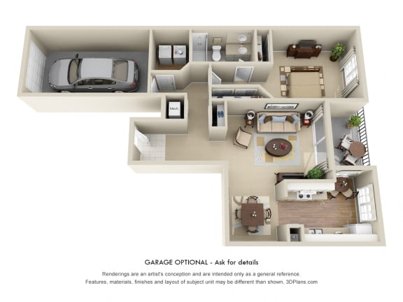 Autumn Hill + Attached Garage 3D. 1 bedroom apartment. Kitchen with bartop open to living & dinning rooms. 1 full bathroom. Two closets in bedroom. Patio/balcony.