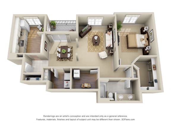 Stonebrook 3D. 1 bedroom apartment. Kitchen closed off. 1 full bathroom with double vanity. Extra storage room. Walk-in closet in bedroom. Patio/balcony.