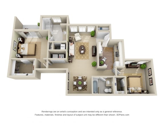 Glenwood 3D. 2 bedroom apartment. Kitchen closed off. 2 full bathrooms, double vanity in master. Walk-in closets in both bedrooms. Patio/balcony open to yard.