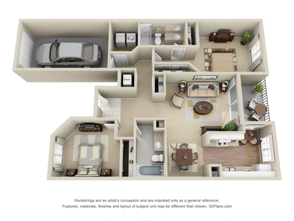 Hamilton with Attached Garage 3D. 2 bedroom apartment. Kitchen with eating area. 2 full bathrooms, shower stall in master. Two closets in master. Patio/balcony.