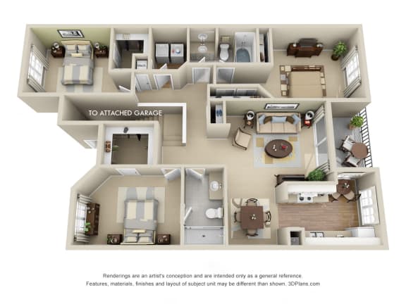 Royal Crest + Attached Garage 3D. 3 bedroom apartment. 1st floor entry. Kitchen with eating space. 2 full bathrooms, shower stall in master. Walk-in closets. Patio.