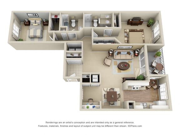 Suntree 3D. 2 bedroom apartment. Kitchen with eating area. Study area. 2 full bathrooms, shower stall in master. Two closets in master. Patio/balcony.