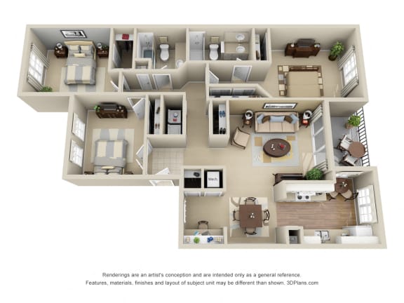 Timber Crest. 3 bedroom apartment. Kitchen with eating space. Study area. 2 full bathrooms, shower stall in master. Two closets in master. Patio.