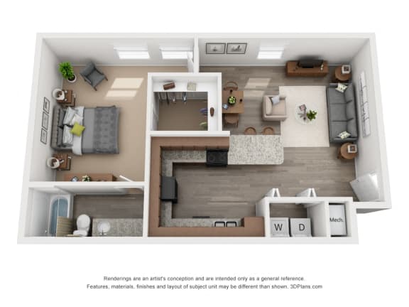 One-Bedroom, One-Bathroom 3D Floor Plan Rendering at Landmark Apartments