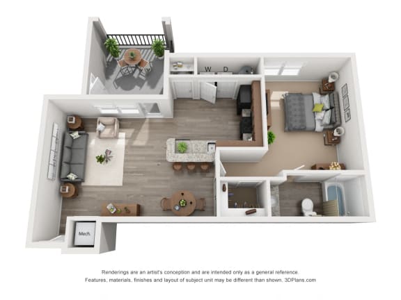 One Bedroom One Bathroom 3D Floor Plan Rendering at Landmark Apartments