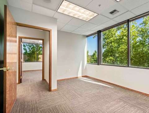 A room with a carpeted floor and a door leading to a balcony with a view of trees.