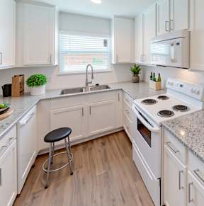 A kitchen with white cabinets and a granite countertop.