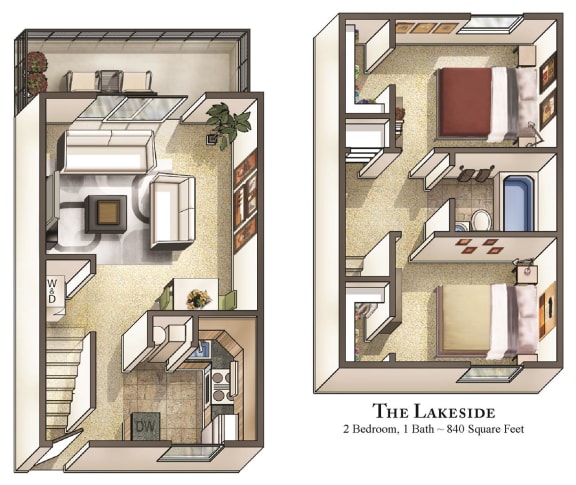 The Lakeside 2 Bedroom Floor Plan at Staples Mill Townhomes, Richmond, VA