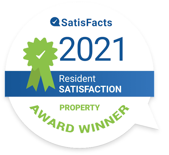 A badge indicating a company as the award winner for resident satisfaction in 2021.