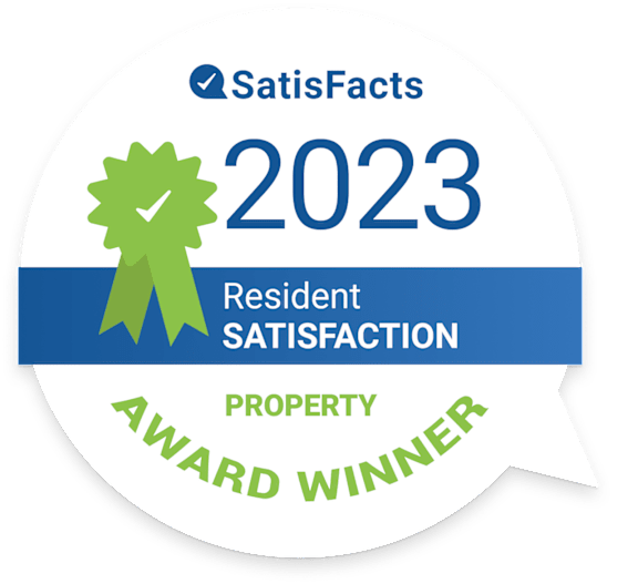 A badge indicating a company as the Satisfacts 2023 Resident Satisfaction Award Winner.