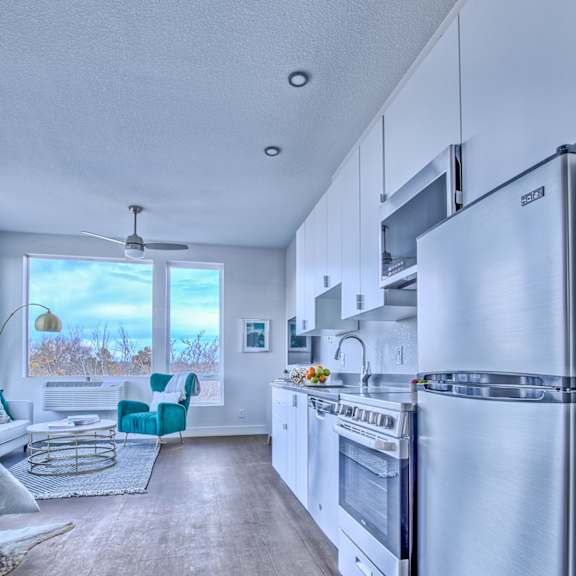 Kitchen with Wooden Floor at Sloan's Place Apartments, Denver, CO, 80214