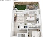 Thumbnail 16 of 20 - A top down view of a house layout with a kitchen, living room, dining room, and bathrooms.